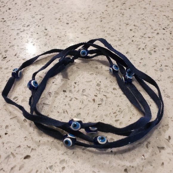 Set 4 Boho Velvet Long Necklace Wrap Bracelets Evil Eye Tan White Pink Navy Blue - Picture 4 of 11